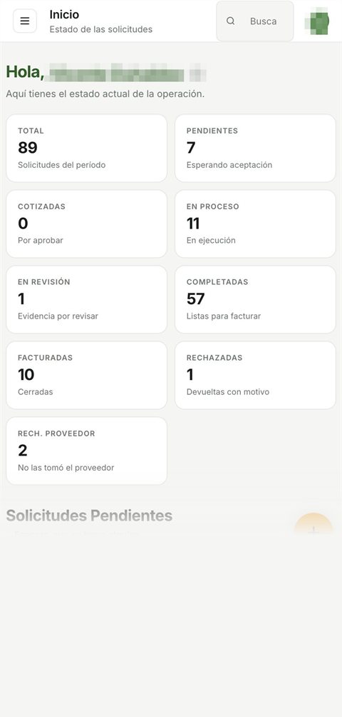 AgriTrace: inicio del gerente con el conteo de solicitudes por estado
