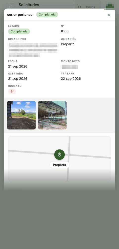 AgriTrace en un fundo lechero: un trabajo completado, con sus fechas y las fotos del resultado