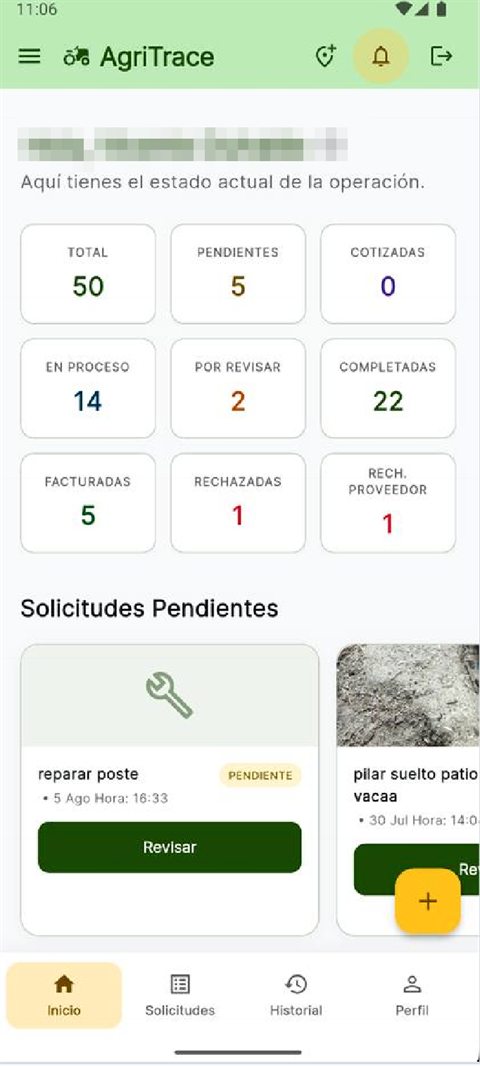 AgriTrace: inicio del gerente con el conteo de solicitudes por estado y las pendientes de revisar