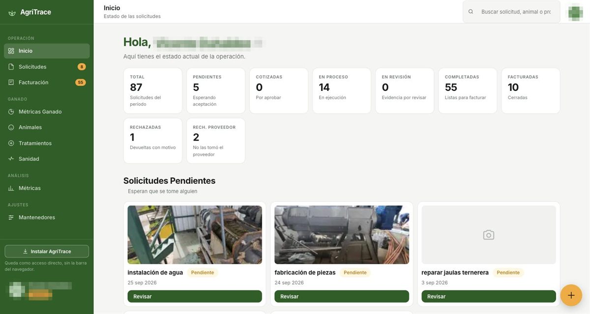 AgriTrace en el computador: inicio con las solicitudes por estado