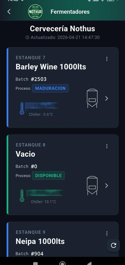 Brew-IoT: lista de fermentadores con el estilo, el número de lote y la etapa del proceso de cada uno