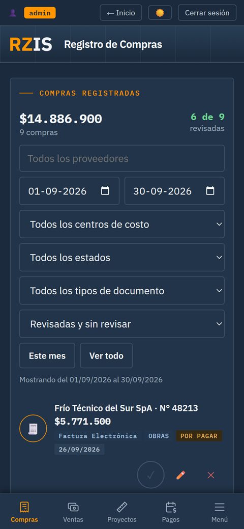 GesTraceen el celular, con datos de ejemplo: el registro de compras del mes con sus filtros y la primera factura por pagar