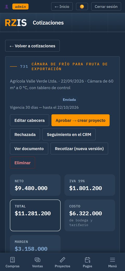 GesTraceen el celular, con datos de ejemplo: una cotización con sus botones para aprobar, recotizar o ver el documento, y su neto, IVA, total y costo