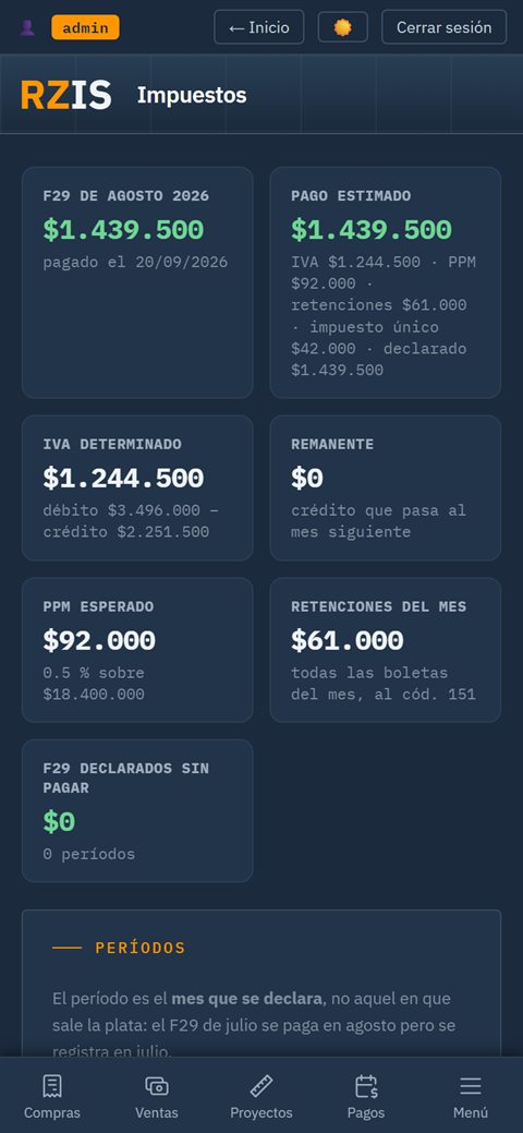GesTraceen el celular, con datos de ejemplo: el F29 del mes pagado, el IVA determinado, el PPM y las retenciones