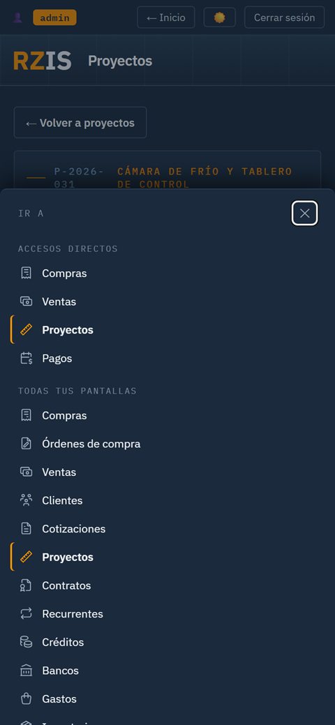 GesTraceen el celular: el menú abierto con los accesos directos y todas las pantallas de GesTrace