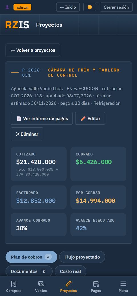 GesTraceen el celular, con datos de ejemplo: la ficha de un proyecto con lo cotizado, cobrado, facturado y por cobrar, y su avance