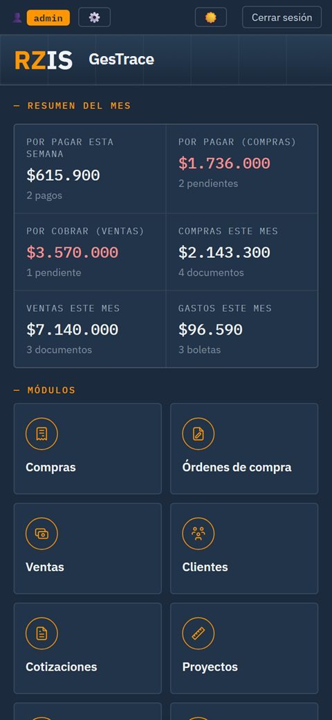 GesTrace en el celular, en modo oscuro: resumen del mes y módulos, con datos de ejemplo